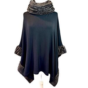 Neiman Marcus Elegant Black Poncho Faux Fur Cowl Neck and Trim Black Sz S/M
